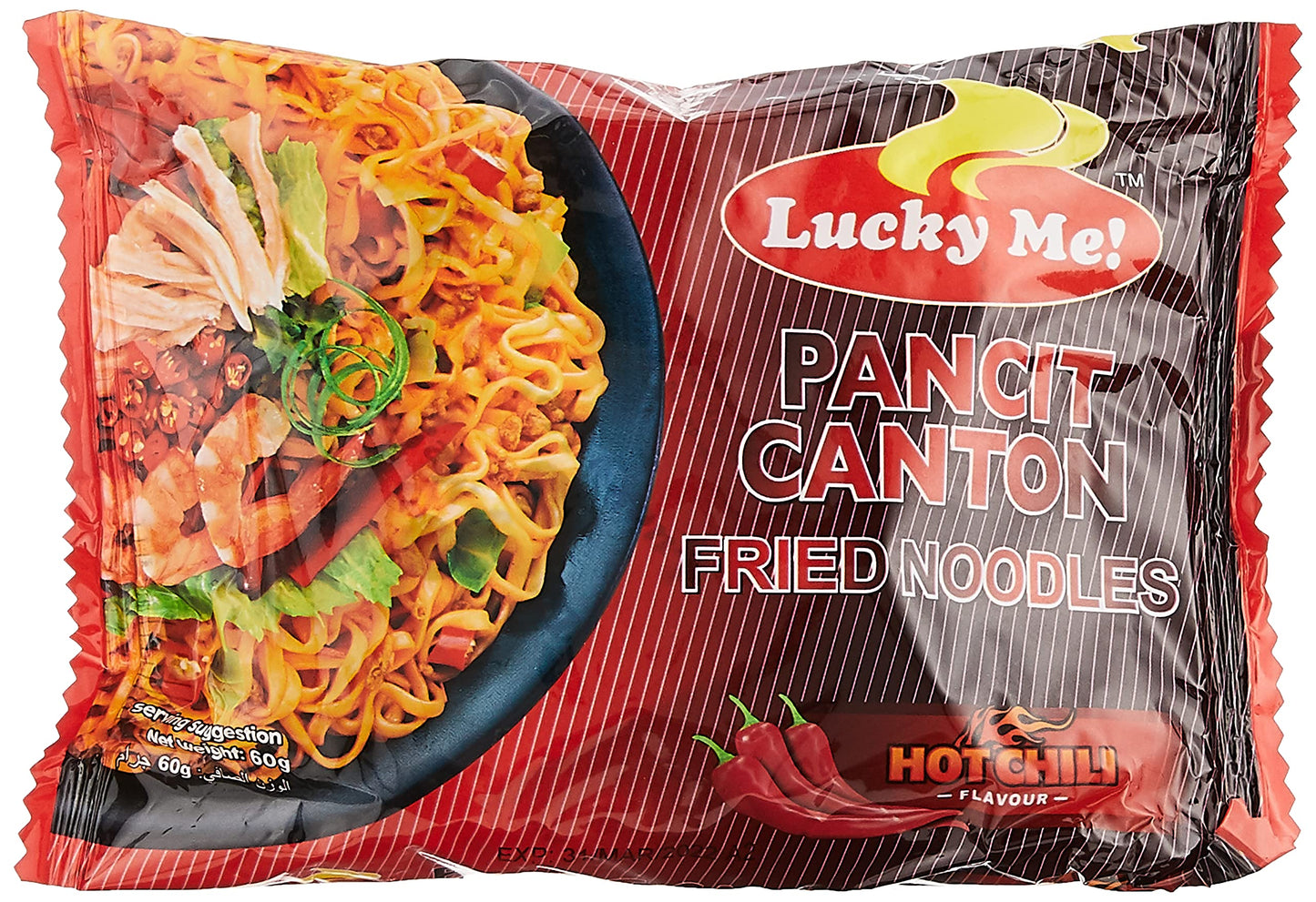 Lucky Me! Instant Pancit Canton Hot Chili Flavor (Instant Chow Mien Hot Chili Flavor) - 2.12oz/60g (Pack of 12)