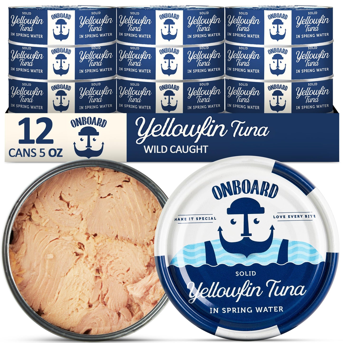 ONBOARD Premium Yellowfin Tuna in Spring Water - 12 Pack Solid Light 5 Oz Cans Sustainably Wild Caught Canned Tuna, Non GMO, Gluten Free, Tinned Fish 24g Protein – Ingredient Rich Tuna for Salad and Recipes