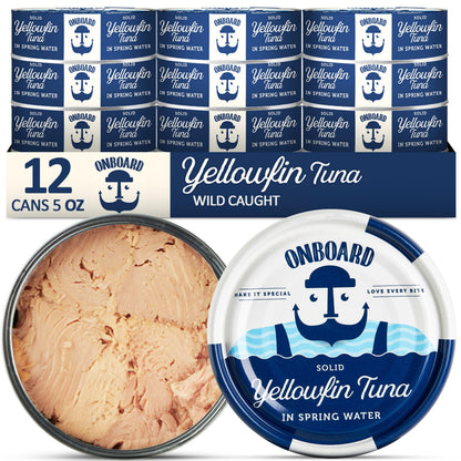 ONBOARD Premium Yellowfin Tuna in Spring Water - 12 Pack Solid Light 5 Oz Cans Sustainably Wild Caught Canned Tuna, Non GMO, Gluten Free, Tinned Fish 24g Protein – Ingredient Rich Tuna for Salad and Recipes