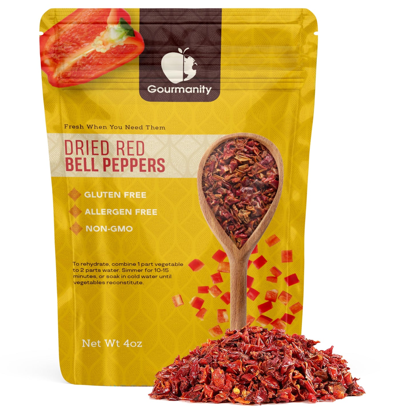 Gourmanity Dried Red Bell Peppers, Flavorful Diced Peppers, Fresh and Appetizing, Perfect for Ramen Bae Ramen Toppings Soups Stir-Frys and Stews, All Natural, Resealable 4oz Bag.