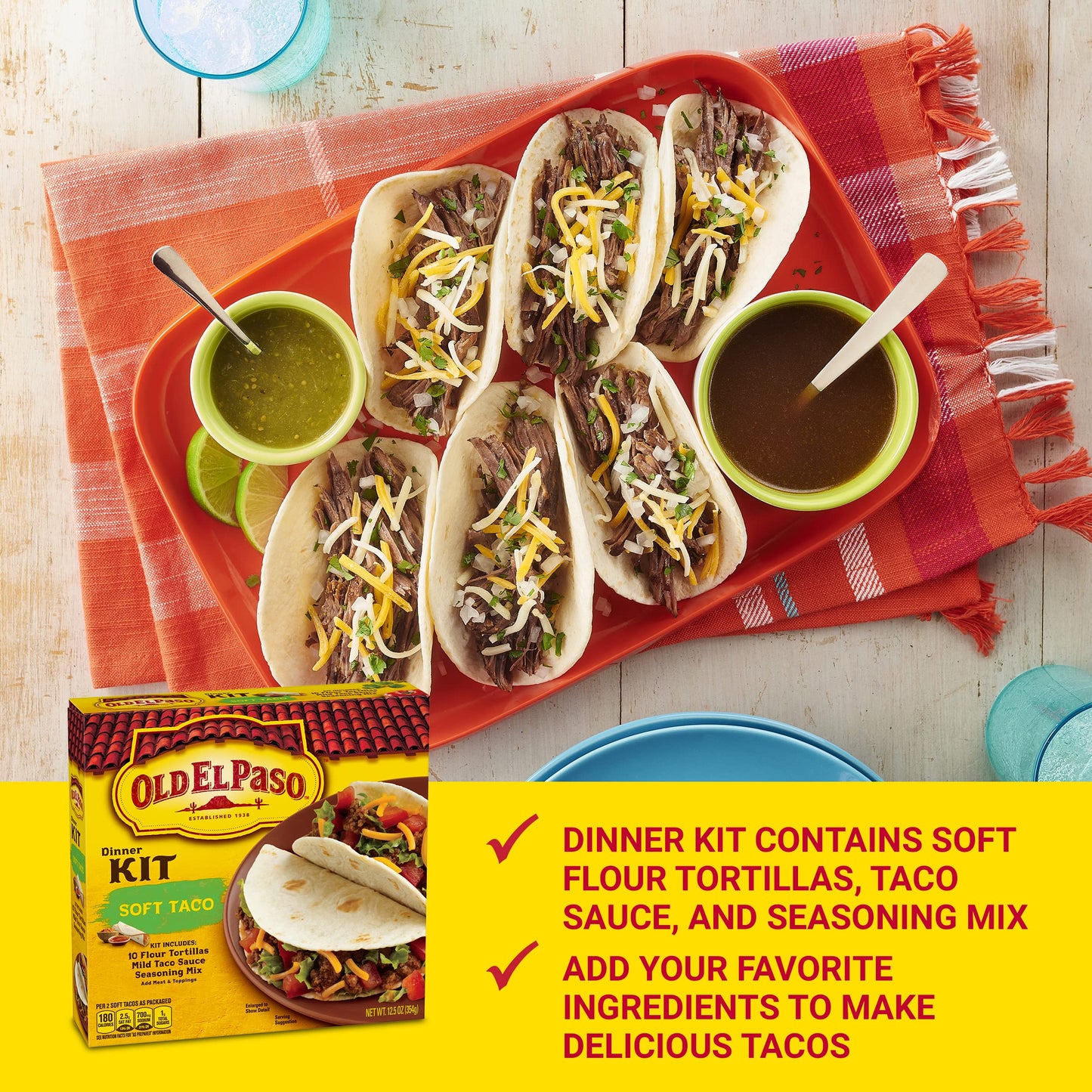 Old El Paso Soft Taco Dinner Kit with Flour Tortillas, Mild Taco Sauce, and Seasoning Mix, Easy Meal Prep, 10 Ct, 12.5 oz