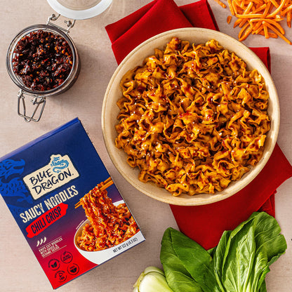 Blue Dragon Chili Crisp Saucy Noodles - 4.2oz (Pack of 3) - Knife Cut Thick Noodles w/Spicy Chili Crisp Sauce & Sesame Seed Garnish - Quick & Easy Meal w/Bold Spicy Asian Flavors - Vegetarian Friendly