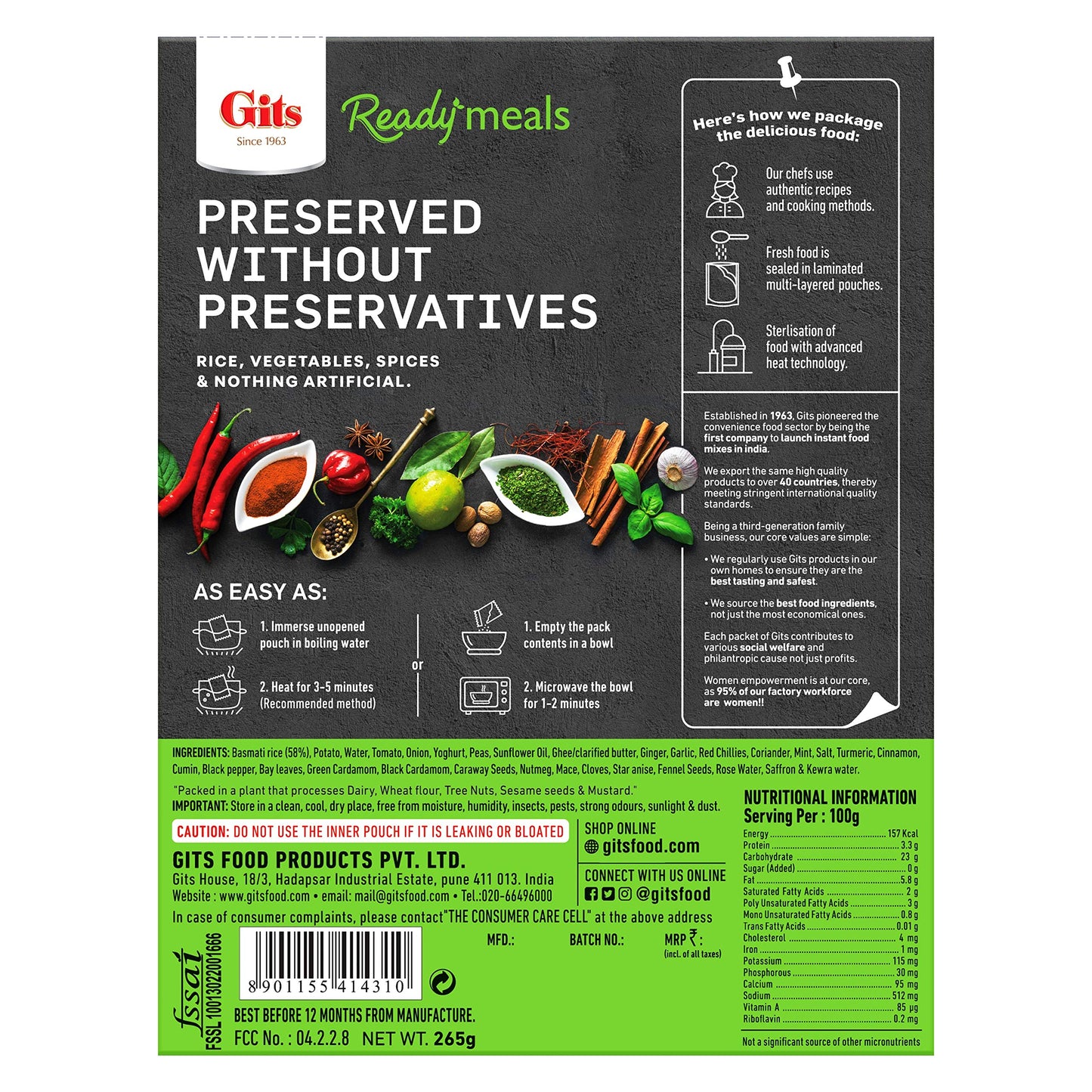 Gits Ready to Eat Veg Biryani, 795g (Pack of 3 X 265g Each)